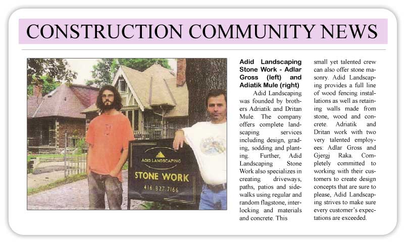 Newspaper clipping headed Construction Community News showing two men standing beside an Adid Landscaping Stone Work sign